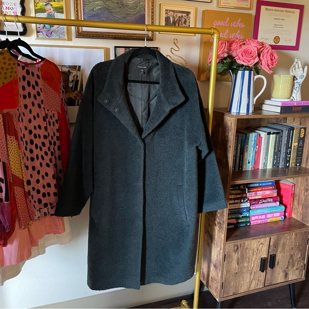Eileen Fisher Sheared Suri Alpaca Stand Collar Coat - Picture 2 of 11